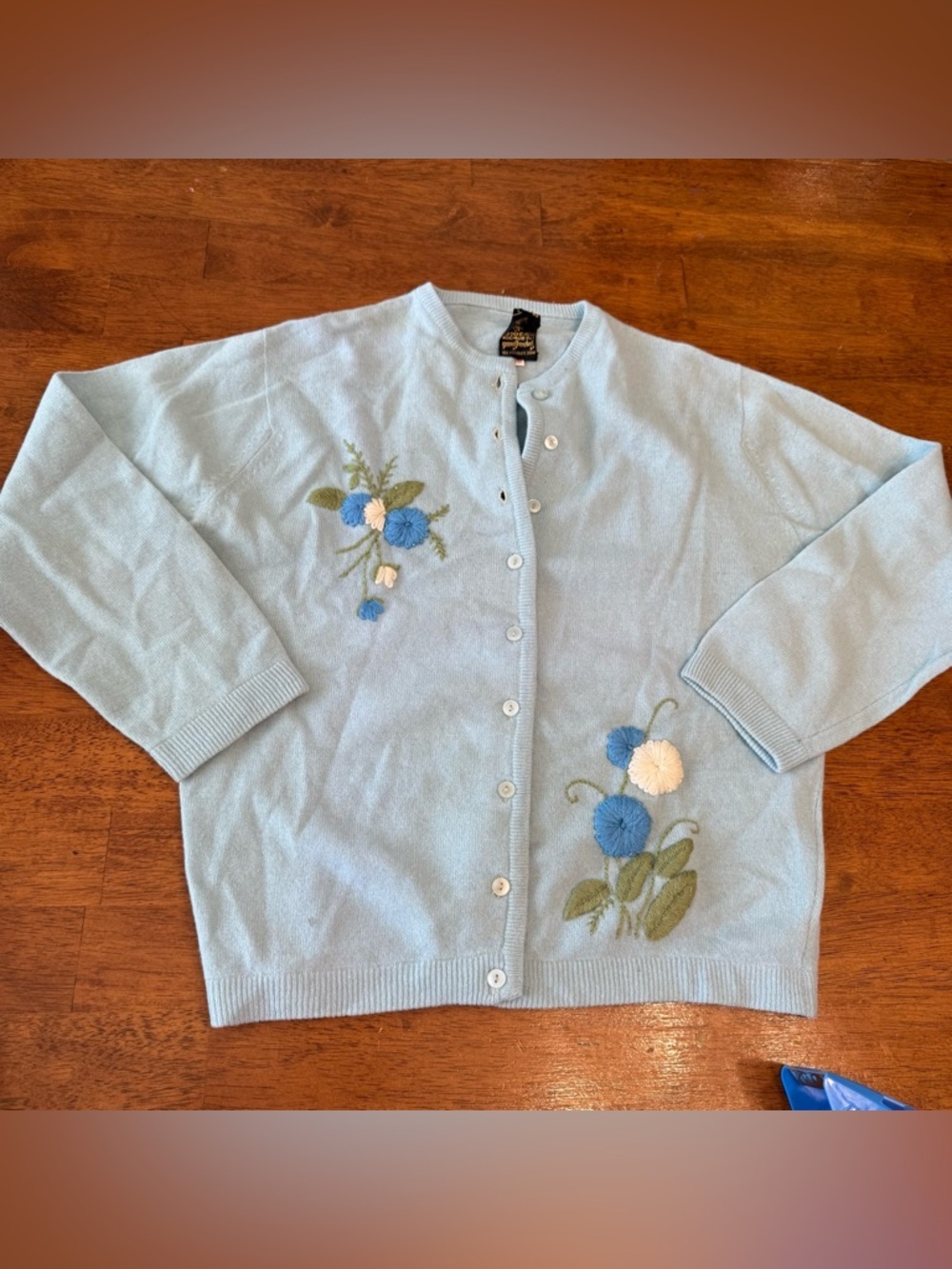 Vtg 50s Campus Casuals Blue Floral Embroidered Cardigan Sweater Cottagecore Med